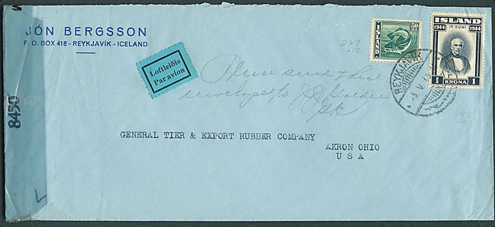 50 aur Torsk og 1 kr. Sigurdsson på luftpostbrev fra Reykjavik d. 5.5.1945 til Akron, USA. Åbnet af amerikansk censur no. 8450.