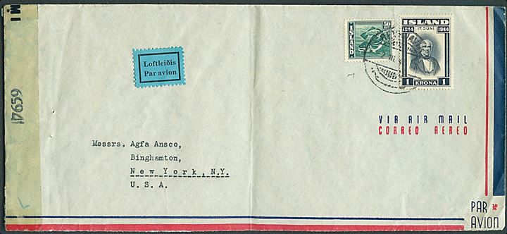 50 aur Torsk og 1 kr. Sigurdsson på luftpostbrev fra Reykjavik d. 2.3.1945 til New York, USA. Åbnet af amerikansk censur no. 1659.