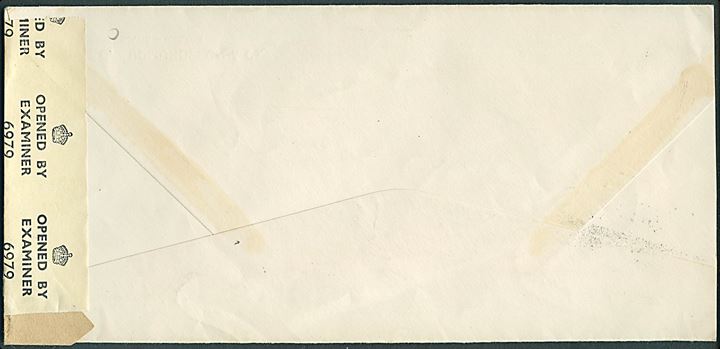 60 aur Geysir single på brev fra Reykjavik d. 5.6.1944 til Birmingham, England. Åbnet af britisk censur PC90/6979.