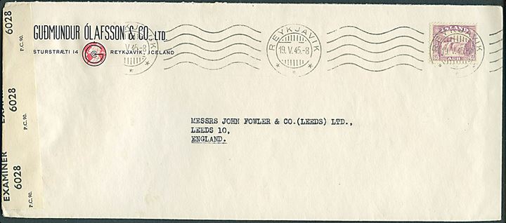 60 aur Gullfoss single på brev fra Reykjavik d. 19.5.1945 til Leeds, England. Åbnet af britisk censur PC90/6028.