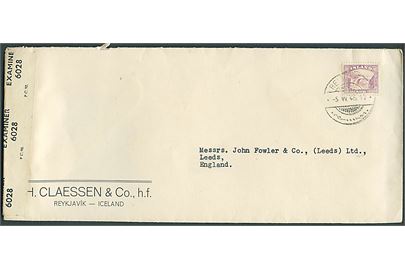 60 aur Gullfoss single på brev fra Reykjavik d. 5.6.1945 til Leeds, England. Åbnet af britisk censur PC90/6028.
