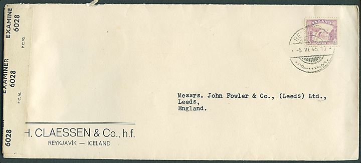 60 aur Gullfoss single på brev fra Reykjavik d. 5.6.1945 til Leeds, England. Åbnet af britisk censur PC90/6028.