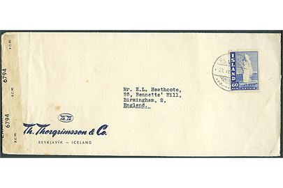 60 aur Geysir på brev fra Reykjavik d. 27.4.1945 til Birmingham, England Åbnet af britisk censur PC90/6794.