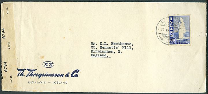 60 aur Geysir på brev fra Reykjavik d. 27.4.1945 til Birmingham, England Åbnet af britisk censur PC90/6794.