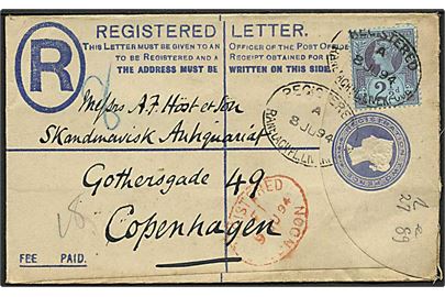 2d Victoria anbefalet helsagskuvert opfrankeret med 2½d Victoria fra Ranelagh Place, Liverpool d. 8.6.1894 via London til København, Danmark.