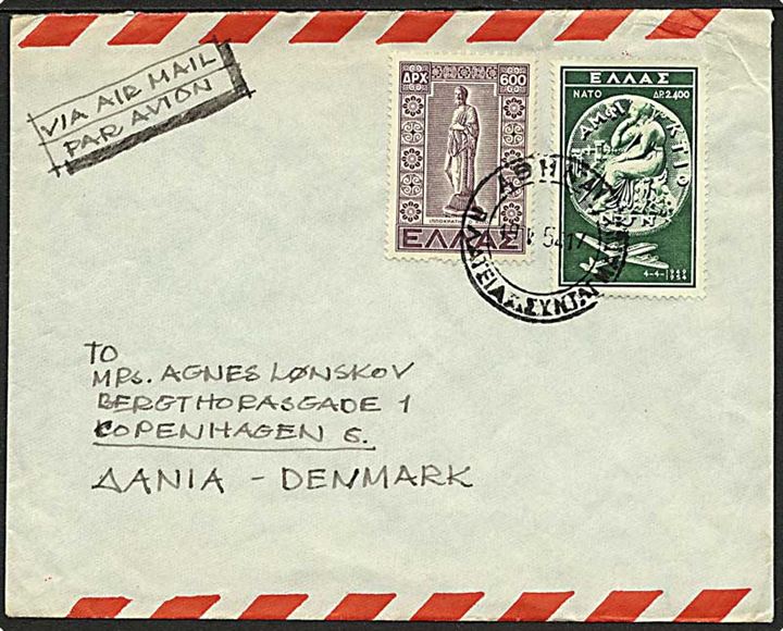 600 dr. Dodekanes og 2400 dr. NATO på luftpostbrev fra Athen d. 19.5.1954 til København, Danmark.