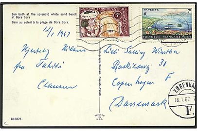 Fransk Polynesien. 10 fr. blandingsfrankeret brevkort fra Papeete, Tahiti d. 13.1.1967 til København, Danmark.
