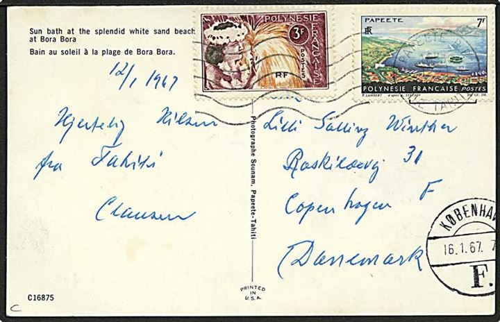 Fransk Polynesien. 10 fr. blandingsfrankeret brevkort fra Papeete, Tahiti d. 13.1.1967 til København, Danmark.