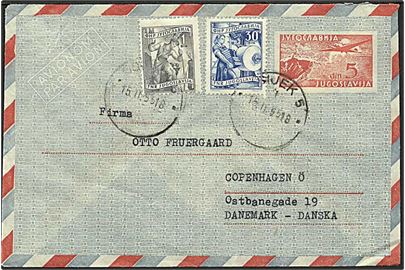 5 din helsags aerogram opfrankeret med 31 din. fra Osijek d. 15.2.1955 til København, Danmark.