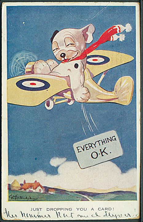 George Ernest Studdy: Bonzo i flyvemaskine. Just dropping you a card. Valentines Bonzo serie no. 1255. (Afrevet mærke). 
