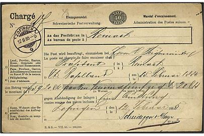 Ufrankeret postanvisnings-kuvert stemplet Zofingen d. 12.2.1885.