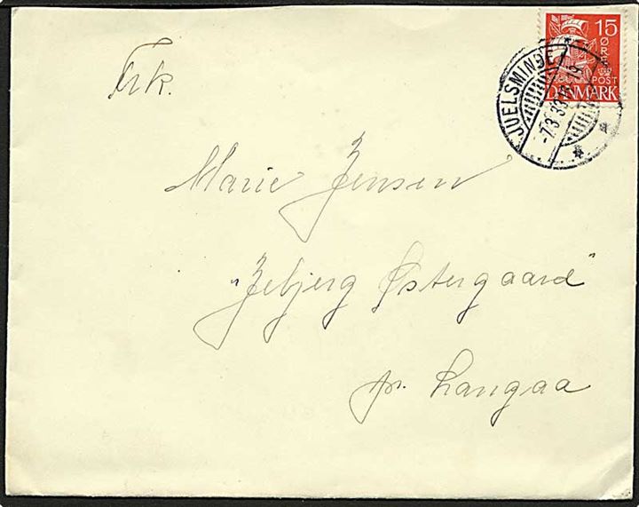 15 øre Karavel på brev annulleret med brotype Ic stempel Juelsminde d. 7.3.1933 til Langaa.