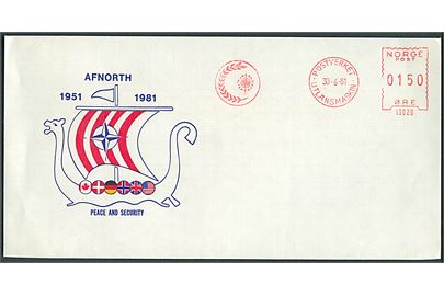 150 øre firmafranko Postverket * Utlånsmaskin * med slogan AFNORTH d. 30.6.1981 på uadresseret illustreret kuvert fra NATO-hovedkvarteret i Kolsås, Norges 30 års jubulæum.