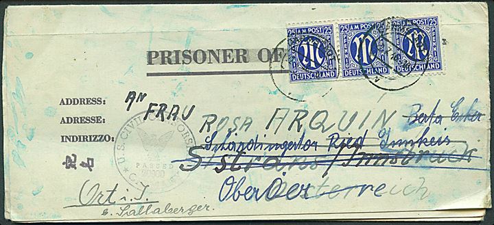 25 pfg. Bi-zone udg. i 3-stribe på krigsfange-foldebrev stemplet Darmstadt d. 22.7.1946 til Innsbruck, Østrig - eftersendt. Sendt fra indsat i Civilian Internment Enclosure. Amerikansk censur.