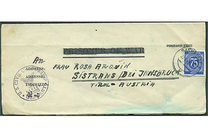 75 pfg. på krigsfange-foldebrev fra Darmstadt d. 22.6.1946 til Sistrans, Østrig. Sendt fra indsat i Civilian Internment Enclosure. Amerikansk censur.