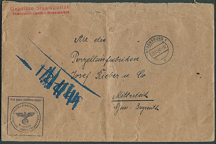 Ufrankeret tjenestebrev med briefstempel fra Geheime Staatspolizei (Gestapo) i Regensburg d. 21.12.1944.