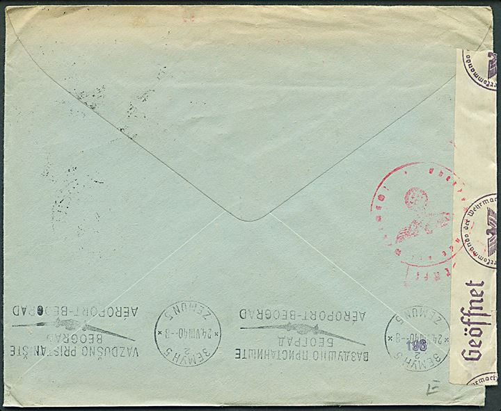 4 din. Kong Peter og 10 din. Luftpost på luftpostbrev fra Beograd d. 23.8.1940 via Zemon til Dortmund, Tyskland. Åbnet af tysk censur i Wien.