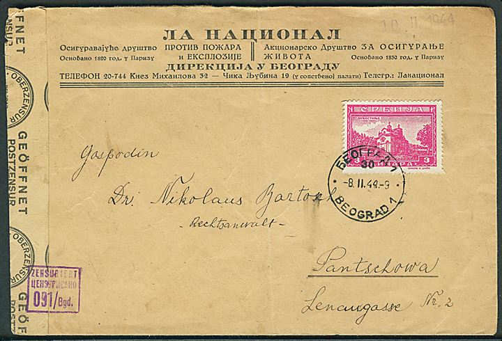 3 din. single på brev fra Beograd d. 8.2.1944 til Pantschowa. Åbnet af lokal censur i Beograd.