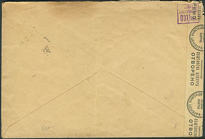 3 din. single på brev fra Beograd d. 8.2.1944 til Pantschowa. Åbnet af lokal censur i Beograd.