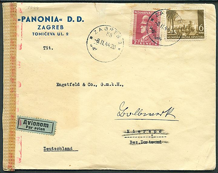 2 k. og 6 k. på luftpostbrev fra Zagreb d. 8.2.1944 til Kierspe, Tyskland - eftersendt. Åbnet af tysk censur i Wien.