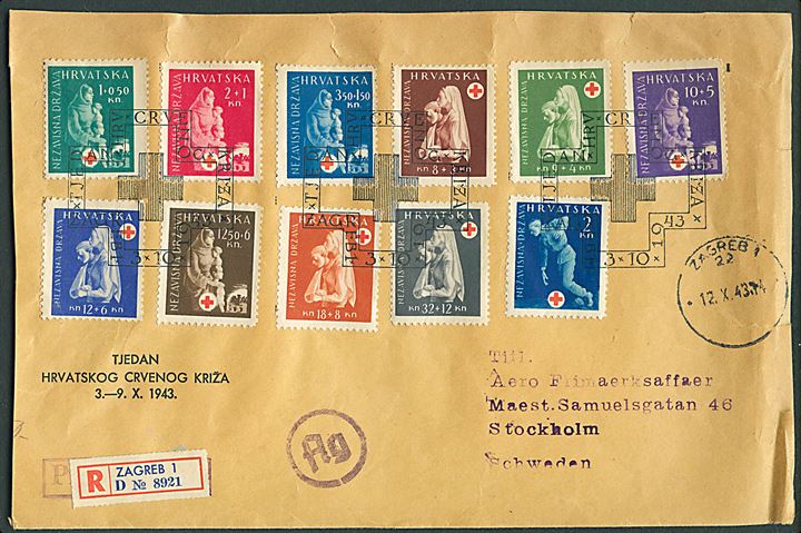 Røde Kors udg. på stort filatelistisk brev sendt anbefalet fra Zagreb d. 12.10.1943 til Stockholm, Sverige. Tysk censur fra Wien.