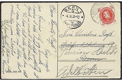 15 øre Chr. X 60 år på brevkort annulleret med brotype Ic stempel Skodsborg d. 3.2.1931 til Bern, Schweiz.