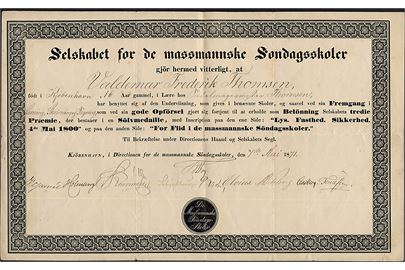 Bedømmelse for deltagelse i Læsning, Skrivning og Regning ved de Massmannske Søndagsskoler i Kjøbenhavn d. 7.5.1871.