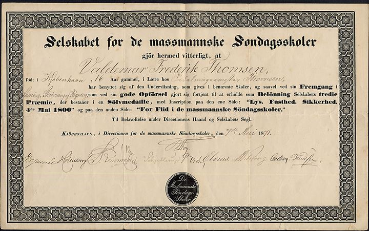 Bedømmelse for deltagelse i Læsning, Skrivning og Regning ved de Massmannske Søndagsskoler i Kjøbenhavn d. 7.5.1871.