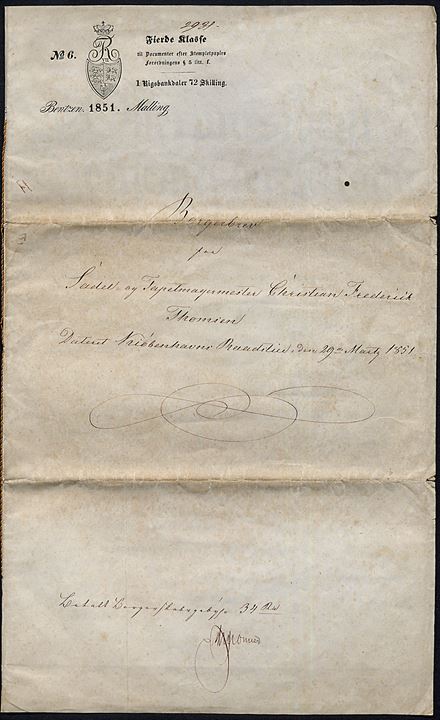 Borgerbrev på 72 sk. stemplet papir udstedt i Kjøbenhavn d. 29.3.1851. 