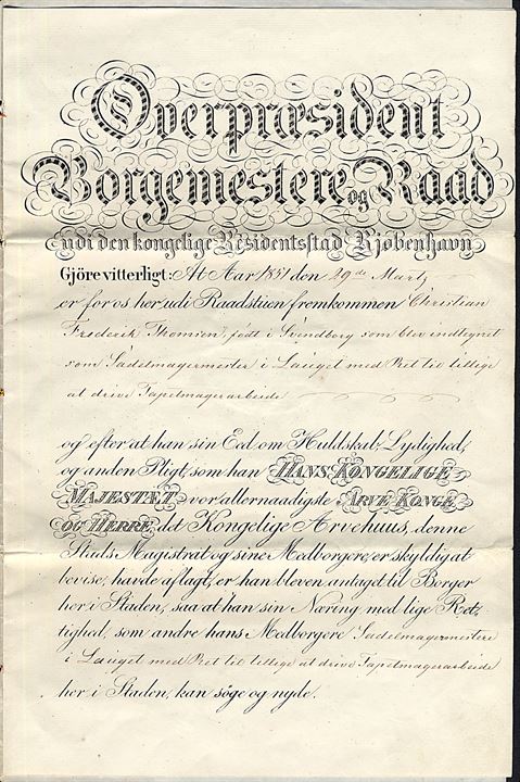 Borgerbrev på 72 sk. stemplet papir udstedt i Kjøbenhavn d. 29.3.1851. 