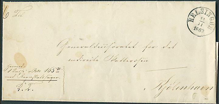 1863. Pakkefølgebrev for tjenestepakke med antiqua Helsingør d. 11.11.1863 til Kjøbenhavn.