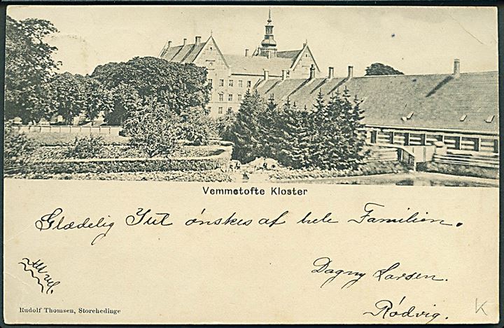 5 øre Chr. IX og Julemærke 1906 på brevkort (Vemmetofte kloster) annulleret med stjernestempel RØDVIG til Frederiksberg.