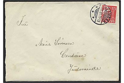 15 øre Karavel på brev annulleret med brotype Ic stempel Langaa d. 7.11.1934 til Juelsminde. Brotype I anvendt i Stålstikperioden.