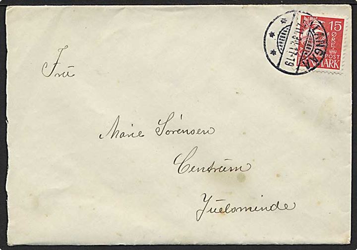 15 øre Karavel på brev annulleret med brotype Ic stempel Langaa d. 7.11.1934 til Juelsminde. Brotype I anvendt i Stålstikperioden.