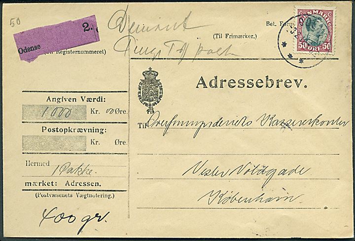 50 øre Chr. X single på adressebrev for værdipakke fra Odense d. 3.2.1919 til København.
