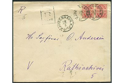 10 øre Våben i vandret parstykke på lokalt anbefalet brev i Kjøbenhavn d. 29.8.1892.