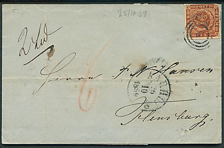 4 sk. 1854 udg. (svagt hj.) på underfrankeret brev påskrevet 2 Lod annulleret med nr.stempel 5 og sidestemplet antiqua Aarhus d. 26.10.1859 til Flensburg. Påskrevet 6 skilling porto.