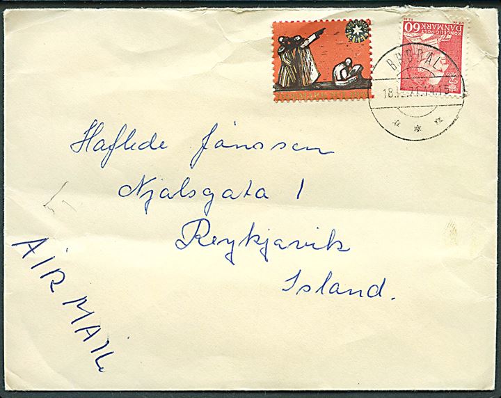 60 øre Fr. IX og Julemærke 1971 på brev fra Brodal d. 18.12.1971 til Reykjavik, Island.