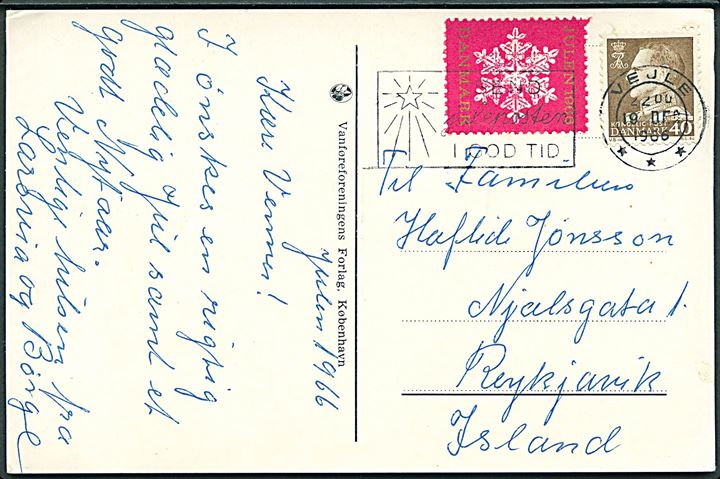 40 øre Fr. IX og Julemærke 1966 på julekort fra Vejle d. 19.12.1966 til Reykjavik, Island.