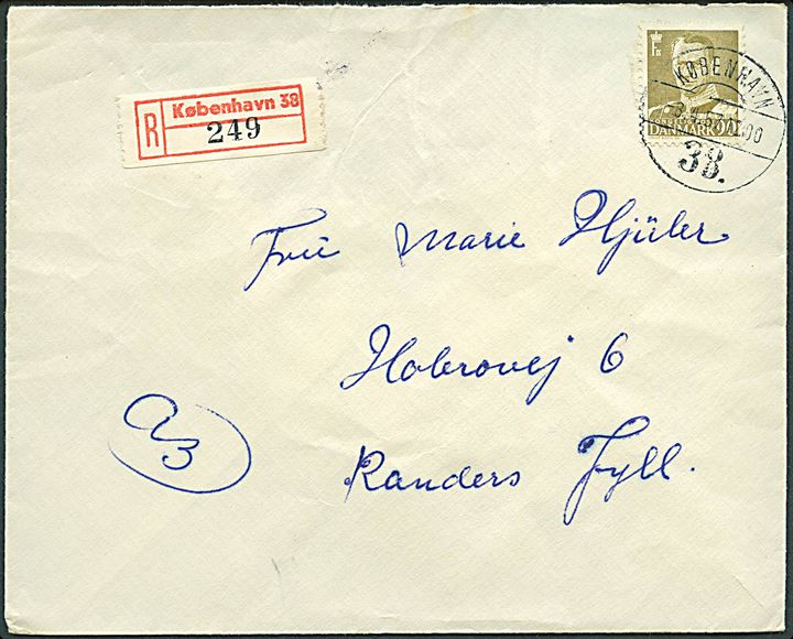 90 øre Fr. IX single på anbefalet brev fra København d. 8.4.1957 til Randers. Bagklap mgl.