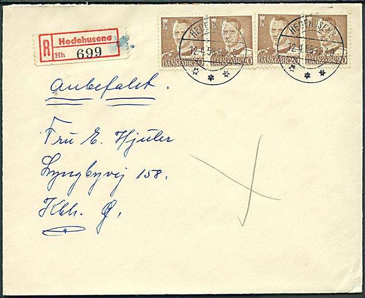 20 øre Fr. IX (4) på anbefalet brev fra Hedehusene d. 12.4.1958 til København.