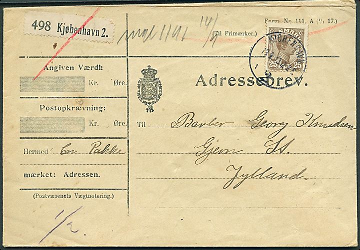 25 øre Chr. X single på adressebrev for pakke fra Kjøbenhavn d. 13.9.1918 til Gjern.