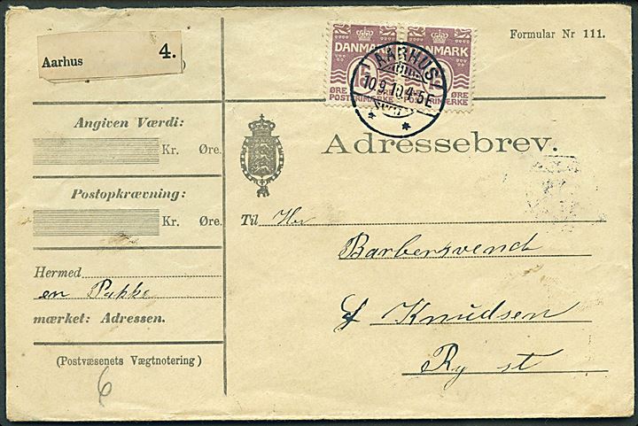 15 øre Bølgelinie i parstykke på adressebrev for pakke fra Aarhus d. 10.9.1910 til Sy St.