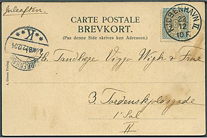 3 øre Tofarvet på lokalt brevkort annulleret med lapidar Kjøbenhavn II. d. 22.12.1904.