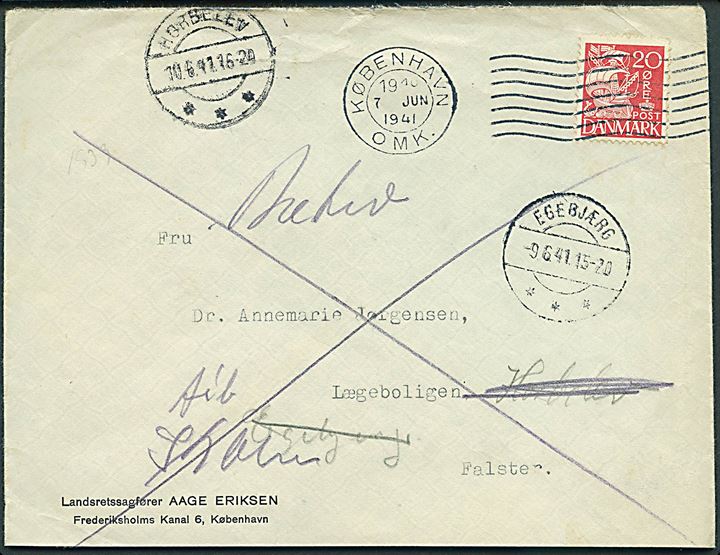20 øre Karavel på brev fra København d. 7.6.1941 til Lægeboligen, Falster. Forsøgt i Egebjærg og Horbelev. Retur som ubekendt.