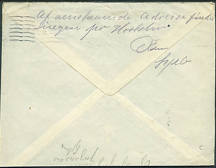 20 øre Karavel på brev fra København d. 7.6.1941 til Lægeboligen, Falster. Forsøgt i Egebjærg og Horbelev. Retur som ubekendt.