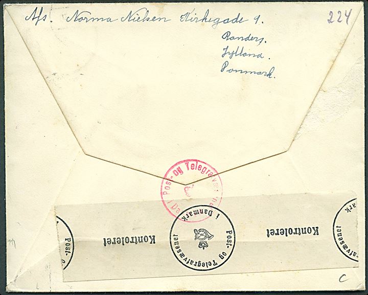 20 øre Chr. X og 25 øre Karavel på luftpostbrev fra Randers B. d. 21.3.1943 til Sauda, Norge - eftersendt til København. Både dansk og norsk censur.
