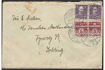 5 øre Bølgelinie (2) og 10 øre Chr. X (2) på brev annulleret med brotype Ic stempel Ruds-Vedby JB.P.E. d. 18.7.1945 til Kolding. Brotype I anvendt i Stålstikperioden.