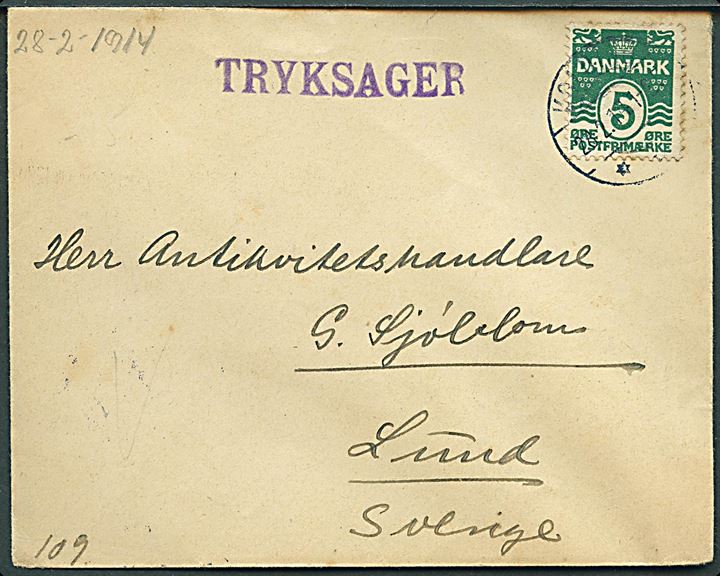 5 øre Bølgelinie på tryksag fra Kolding d. 28.2.1914 til Lund, Sverige.