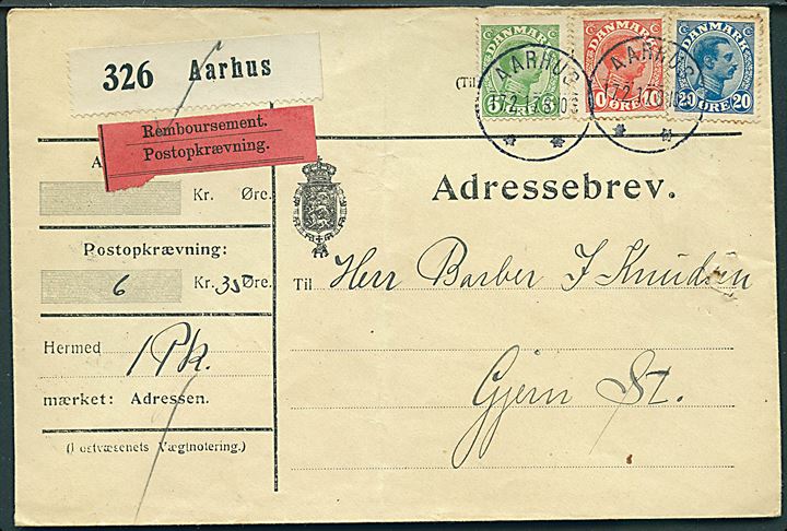5 øre, 10 øre og 20 øre Chr. X på adressebrev for pakke med opkrævning fra Aarhus d. 17.2.1917 til Gjern St. 